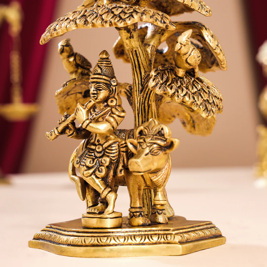 Brass Superfine Standing Krishna With Cow Idol Under Tree (7 Inch) - Image 4