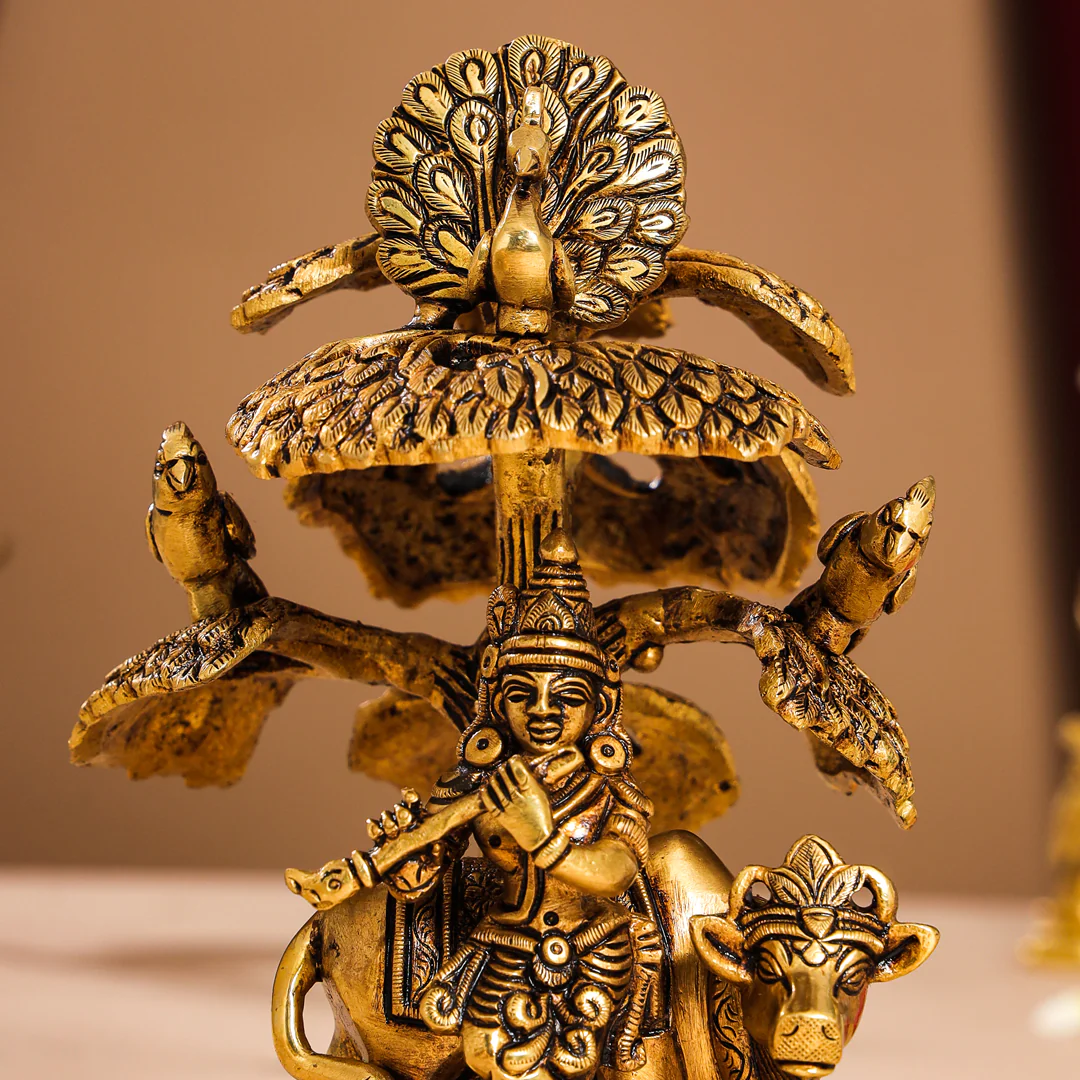 Brass Superfine Standing Krishna With Cow Idol Under Tree (7 Inch) - Image 5
