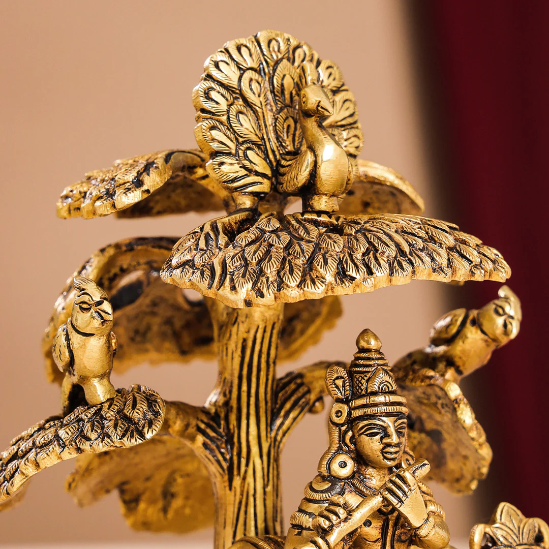 Brass Superfine Standing Krishna With Cow Idol Under Tree (7 Inch) - Image 6