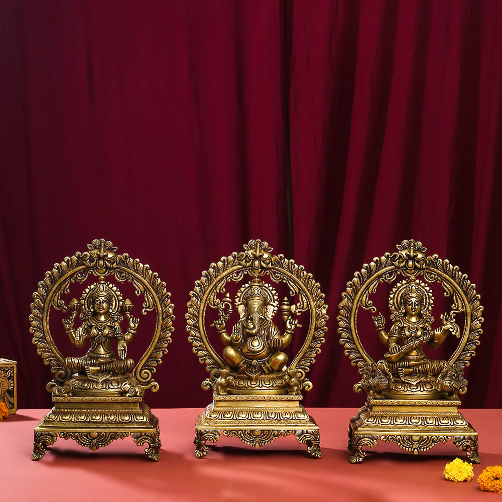 Brass Superfine Sitting Lakshmi, Ganesha And Saraswati On Throne Idol Set (14 Inch)