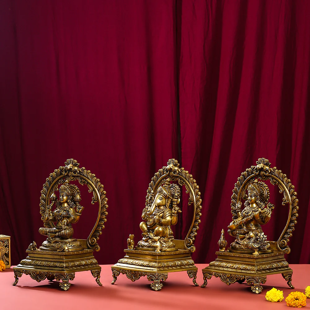 Brass Superfine Sitting Lakshmi, Ganesha And Saraswati On Throne Idol Set (14 Inch) - Image 2