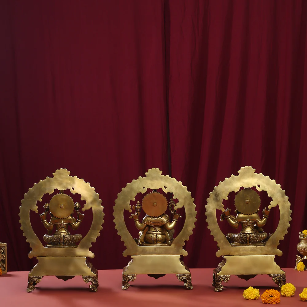 Brass Superfine Sitting Lakshmi, Ganesha And Saraswati On Throne Idol Set (14 Inch) - Image 3