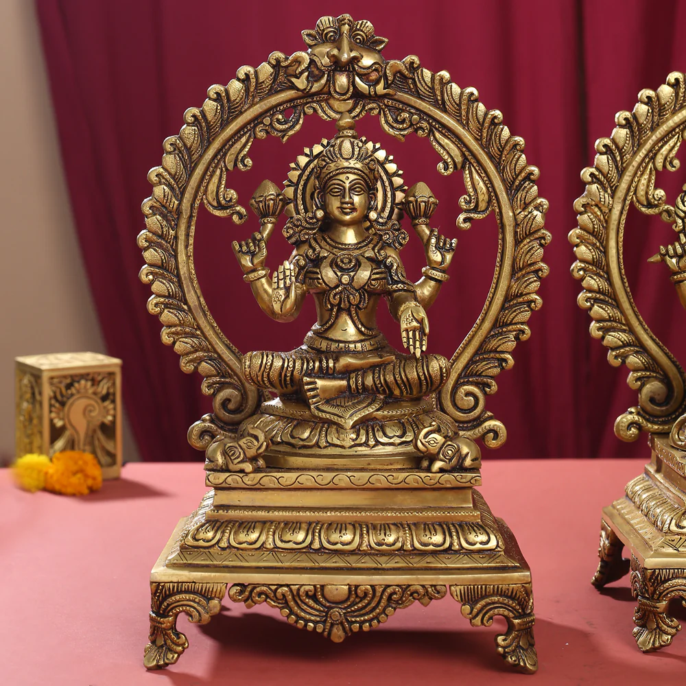 Brass Superfine Sitting Lakshmi, Ganesha And Saraswati On Throne Idol Set (14 Inch) - Image 4