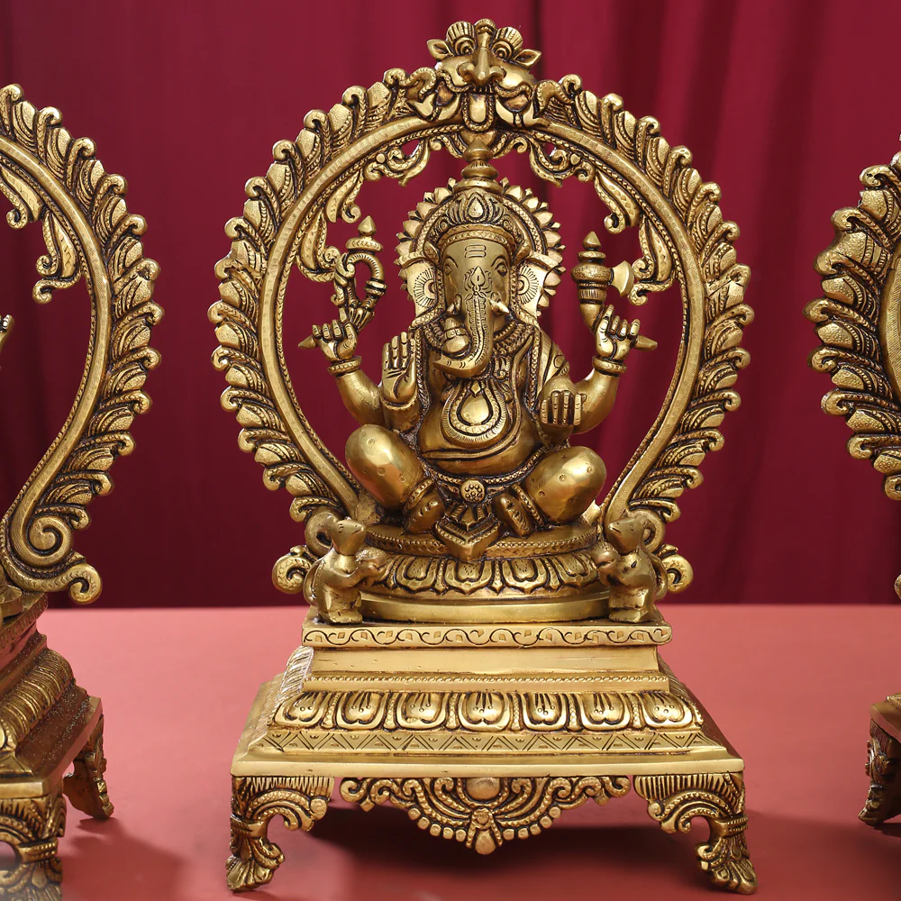 Brass Superfine Sitting Lakshmi, Ganesha And Saraswati On Throne Idol Set (14 Inch) - Image 5