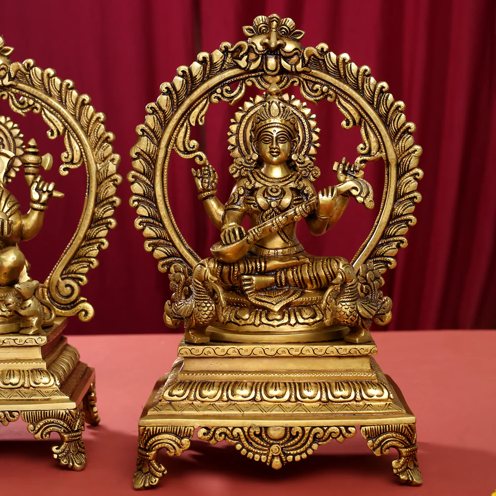 Brass Superfine Sitting Lakshmi, Ganesha And Saraswati On Throne Idol Set (14 Inch) - Image 6