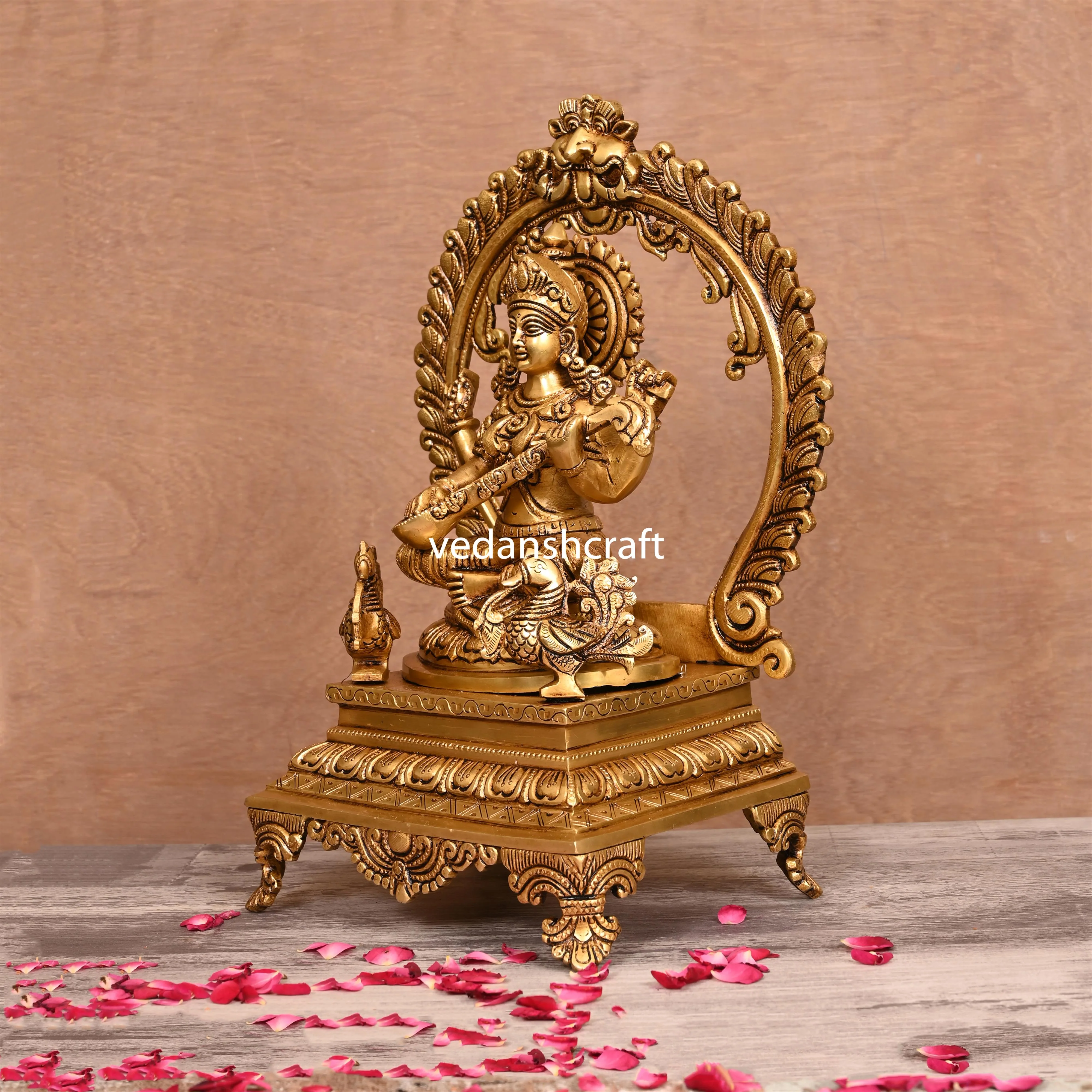 Brass Superfine Sitting Lakshmi, Ganesha And Saraswati On Throne Idol Set (14 Inch) - Image 8