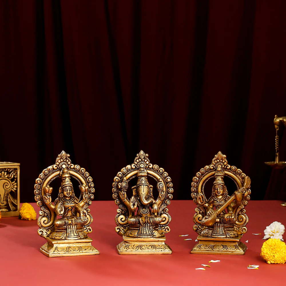 Brass Superfine Sitting Lakshmi, Ganesha, And Saraswati On Throne Set (5.8 Inch)