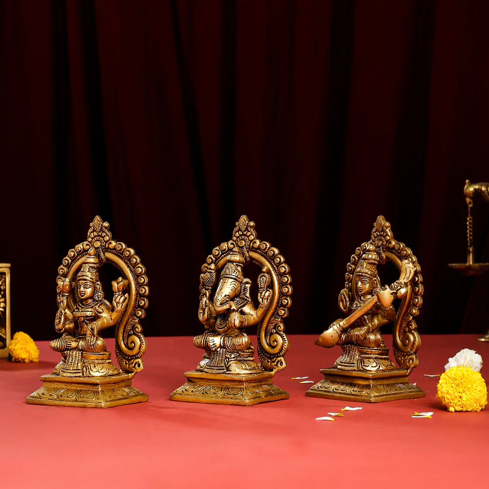 Brass Superfine Sitting Lakshmi, Ganesha, And Saraswati On Throne Set (5.8 Inch) - Image 2