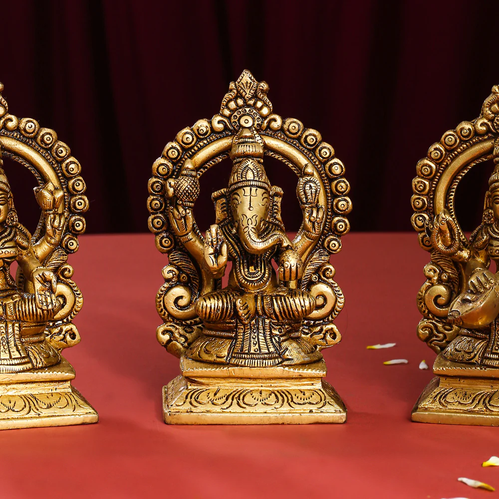 Brass Superfine Sitting Lakshmi, Ganesha, And Saraswati On Throne Set (5.8 Inch) - Image 4
