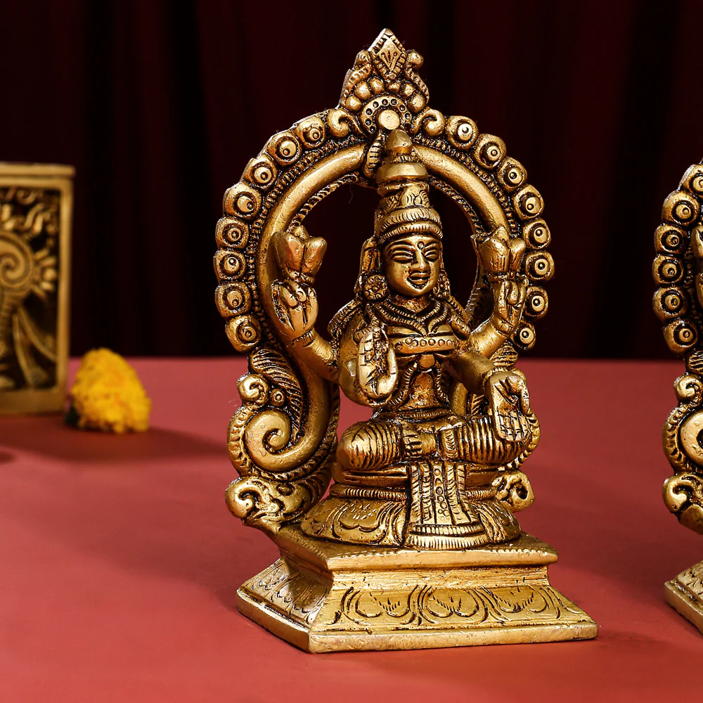 Brass Superfine Sitting Lakshmi, Ganesha, And Saraswati On Throne Set (5.8 Inch) - Image 5