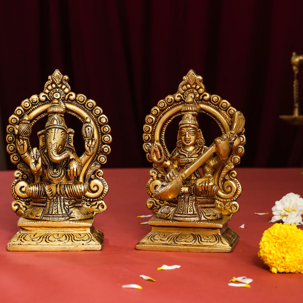 Brass Superfine Sitting Lakshmi, Ganesha, And Saraswati On Throne Set (5.8 Inch) - Image 6