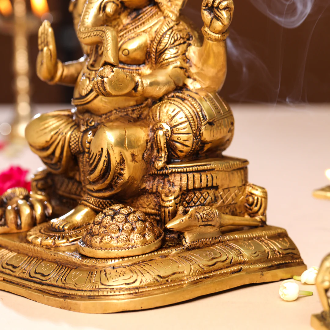 Brass Superfine Lord Sitting Ganesha Idol (9 Inch) - Image 6