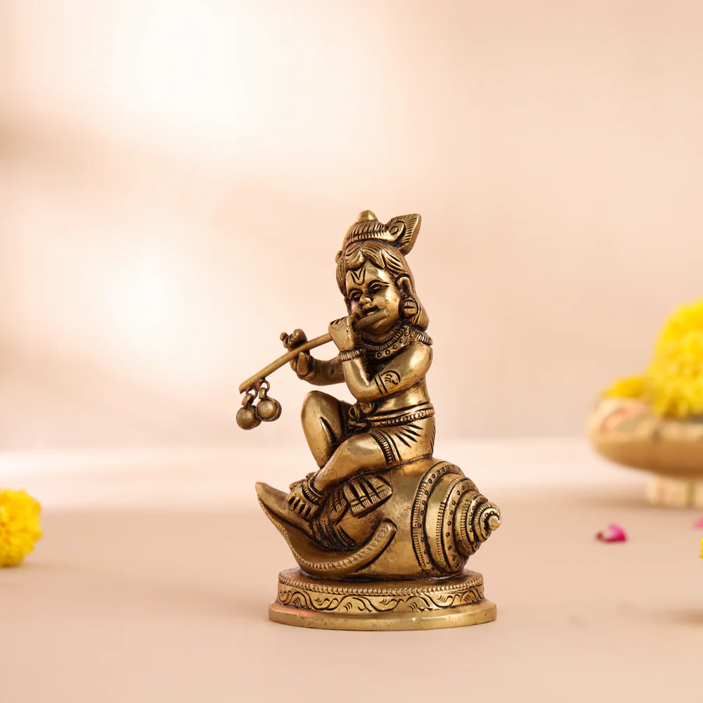 Brass Superfine Lord Krishna Sitting On Conch (5 Inch) - Image 2