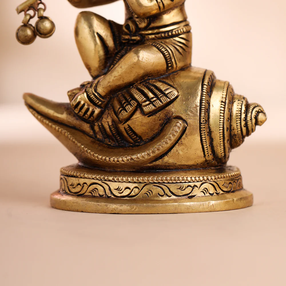 Brass Superfine Lord Krishna Sitting On Conch (5 Inch) - Image 6