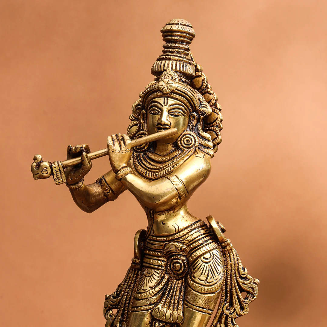 Brass Superfine Standing Lord Krishna With Base Idol (11 Inch) - Image 3
