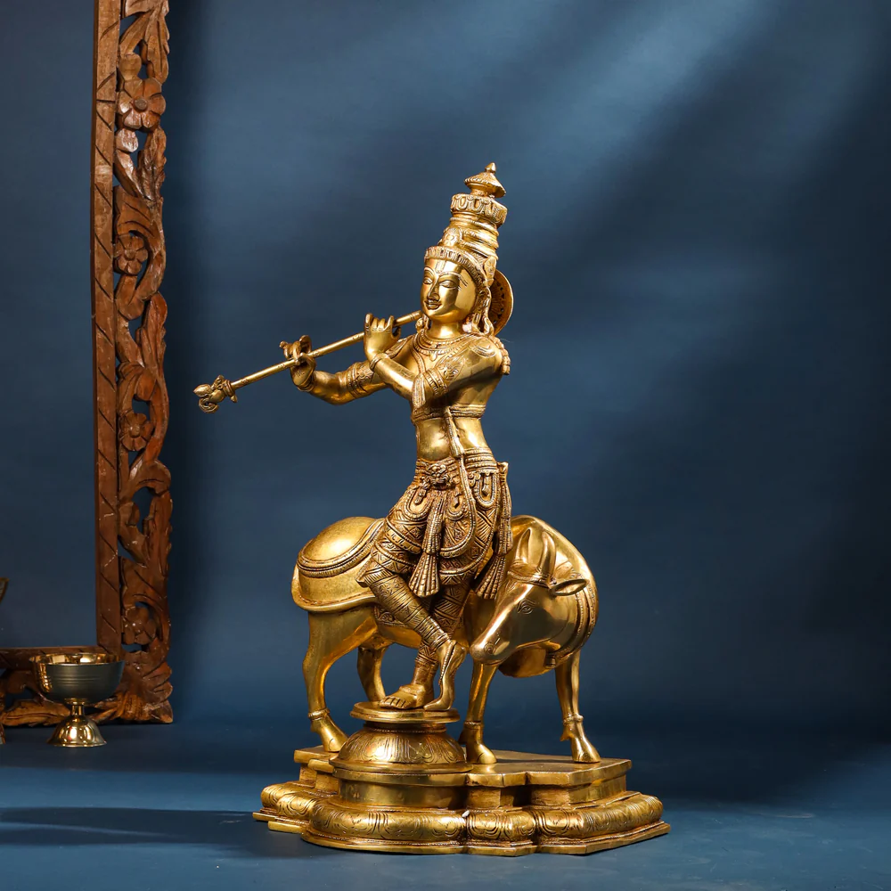 Brass Standing Superfine Krishna Idol With Cow (26 Inch) - Image 2