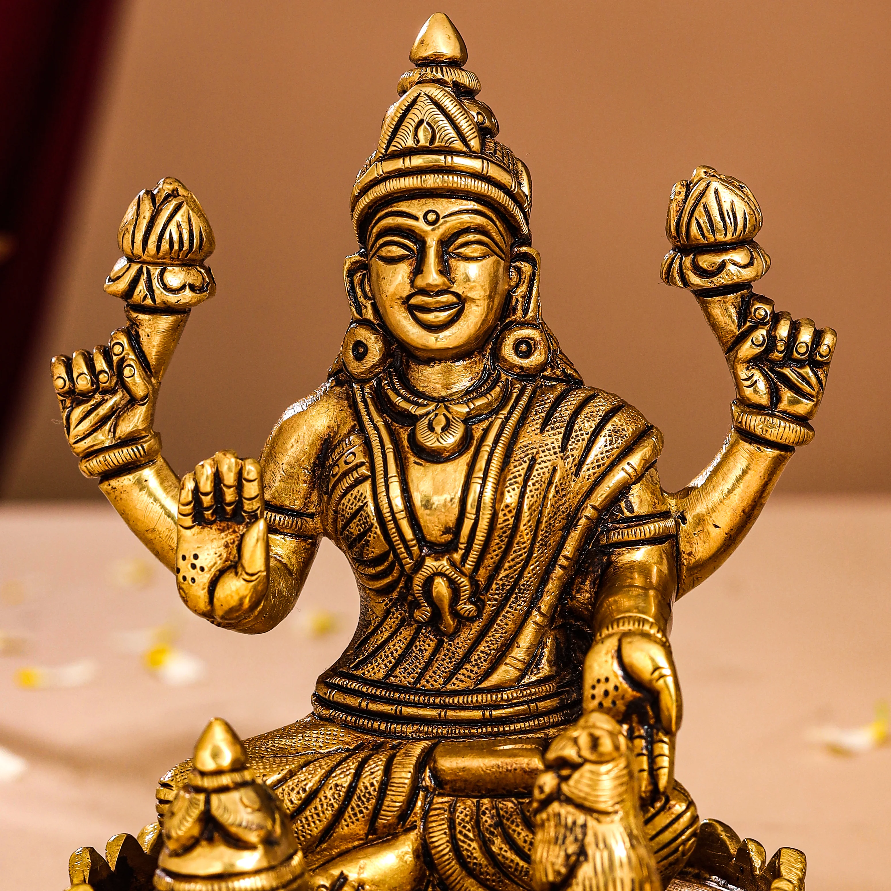 Brass Superfine Lotus Sitting Ganesha And Lakshmi Idols (5.8 Inch) - Image 5