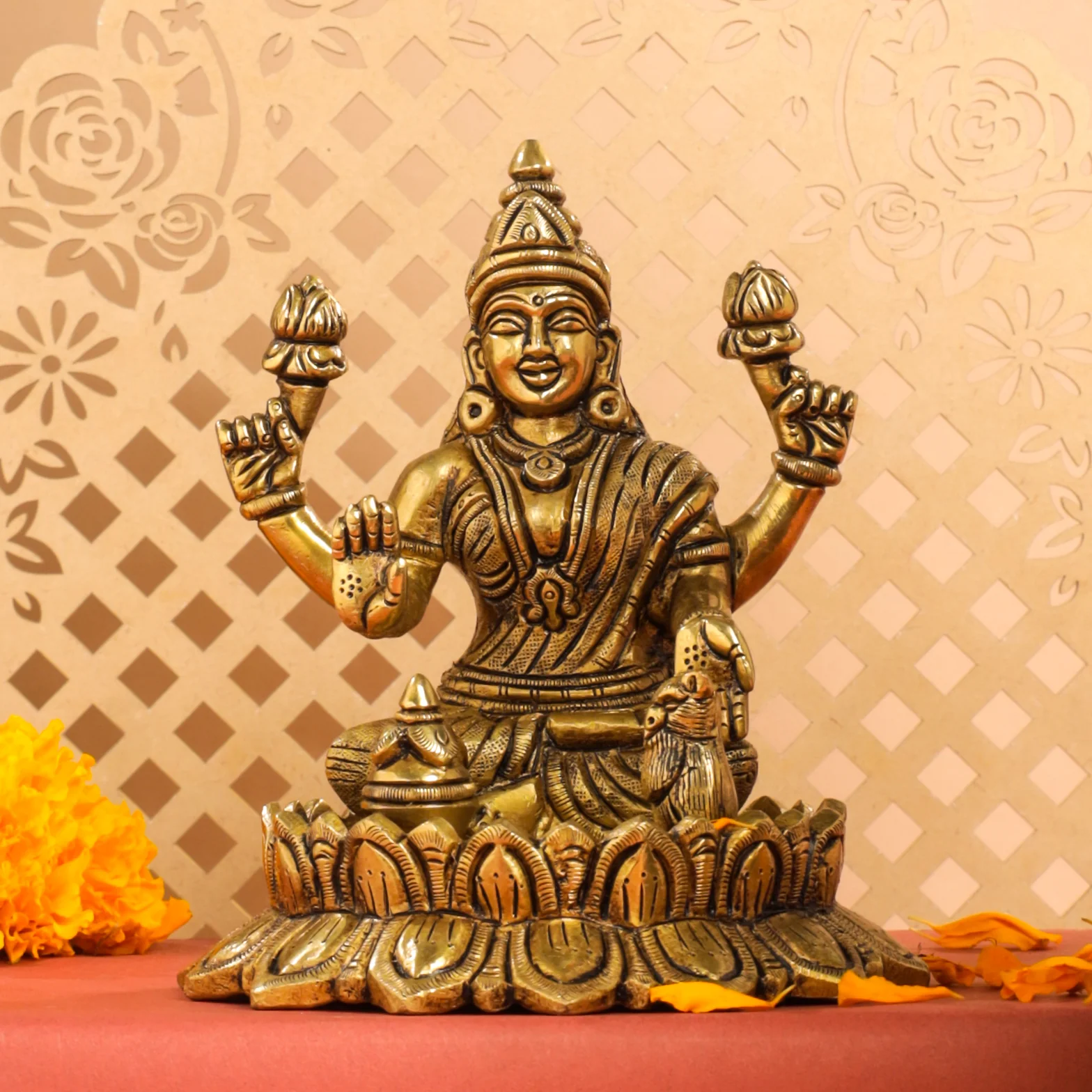 Brass Superfine Lotus Goddess Sitting Lakshmi Idol (5.5 Inch)
