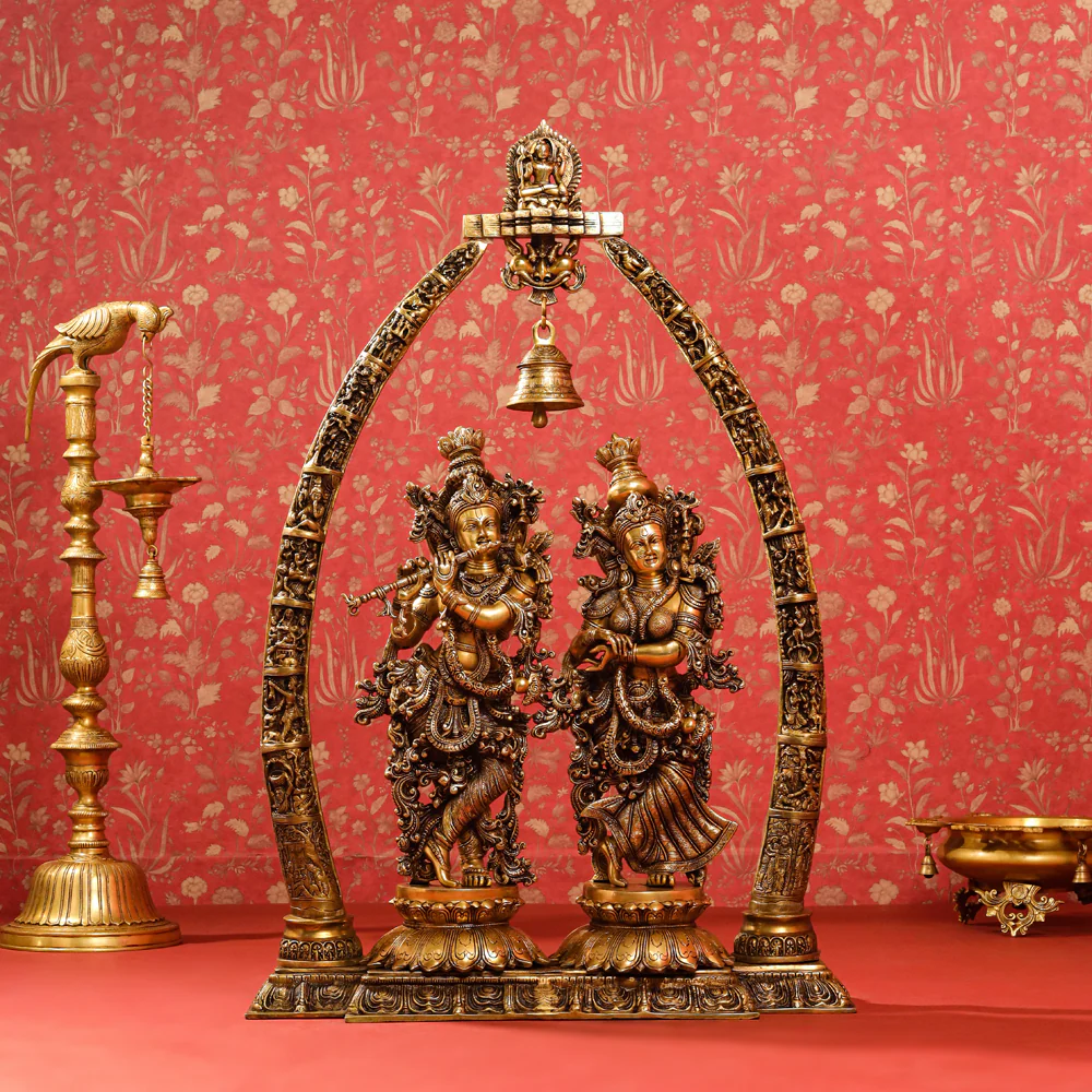 Brass Superfine Standing Radha Krishna Statue With Elephant Tusk Stand (46 Inch)