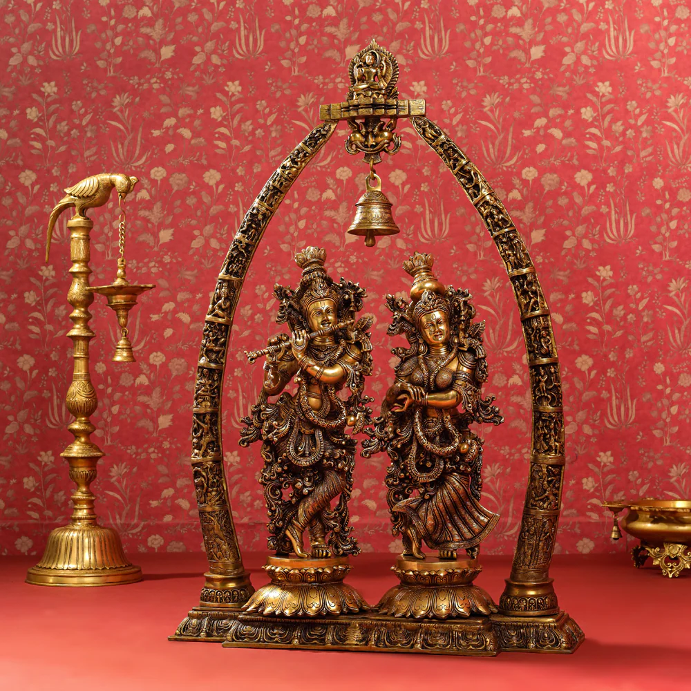 Brass Superfine Standing Radha Krishna Statue With Elephant Tusk Stand (46 Inch) - Image 2