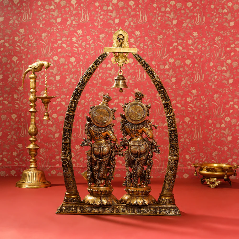 Brass Superfine Standing Radha Krishna Statue With Elephant Tusk Stand (46 Inch) - Image 3
