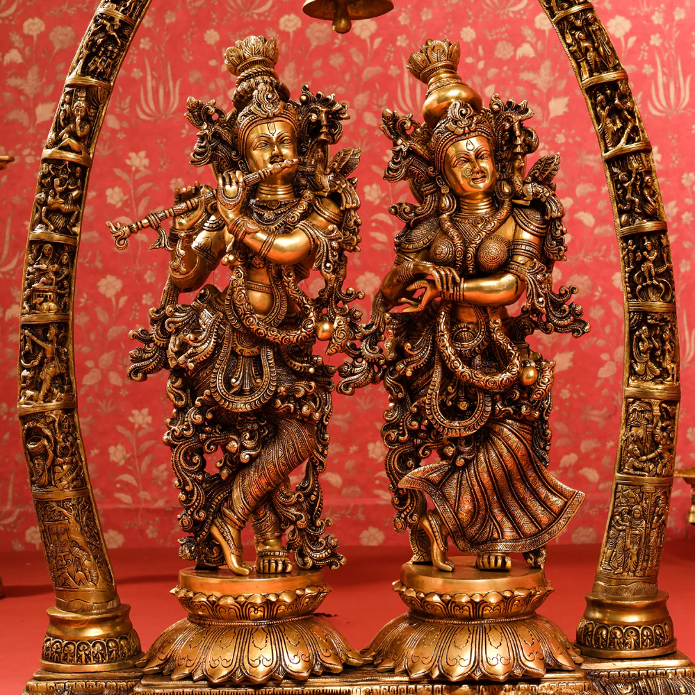 Brass Superfine Standing Radha Krishna Statue With Elephant Tusk Stand (46 Inch) - Image 4