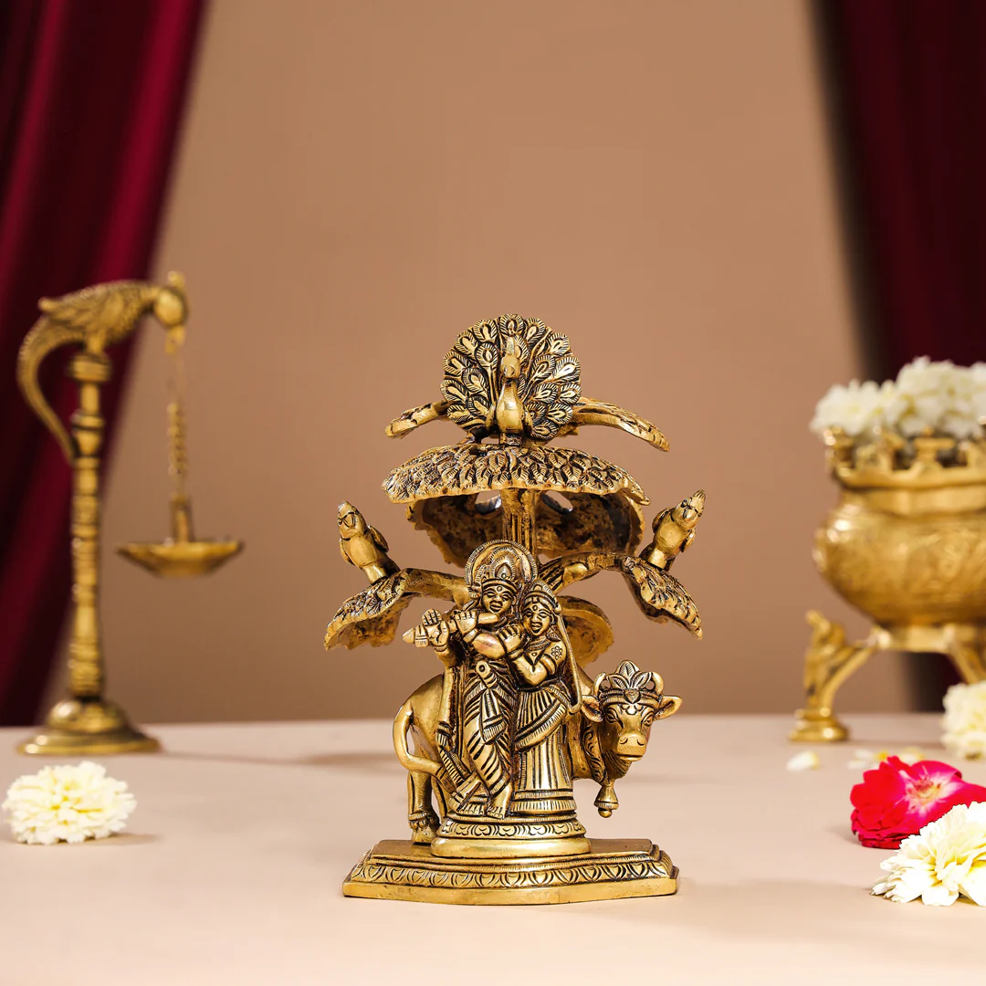 Brass Superfine Standing Radha Krishna With Cow Idol Under Tree (7 Inch)