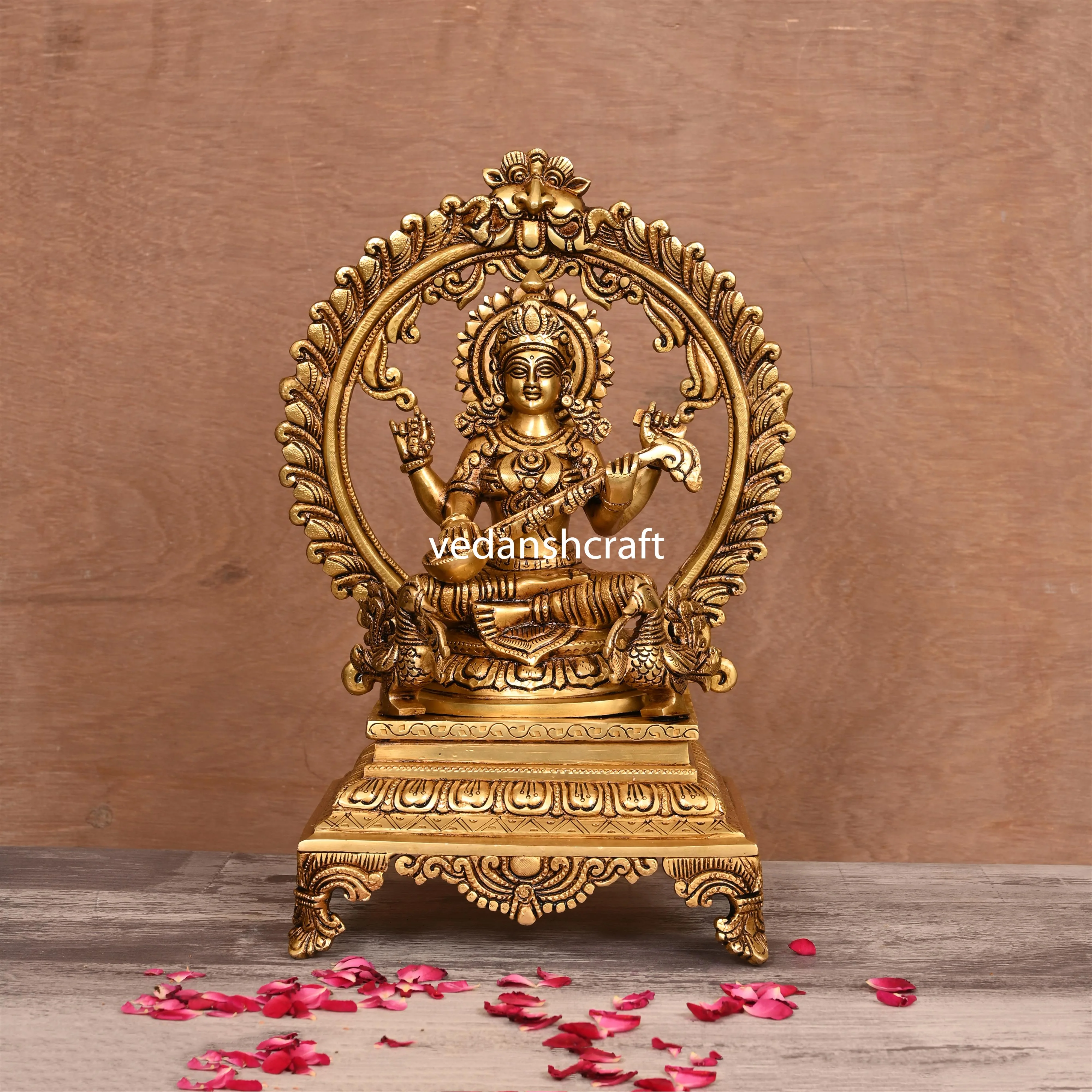 Brass Superfine Sitting Saraswati On Throne (14 Inch)