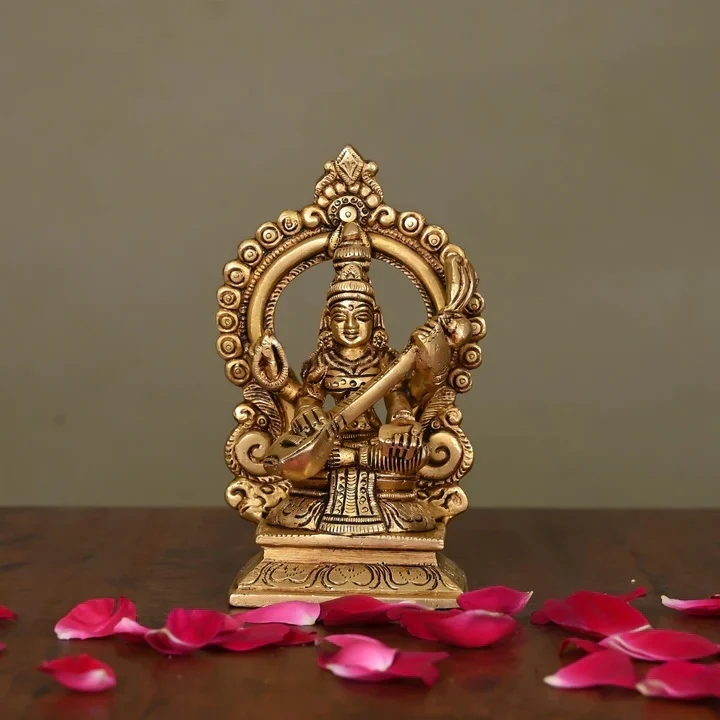 Brass Superfine Sitting Saraswati On Throne Idol (5.8 Inch)