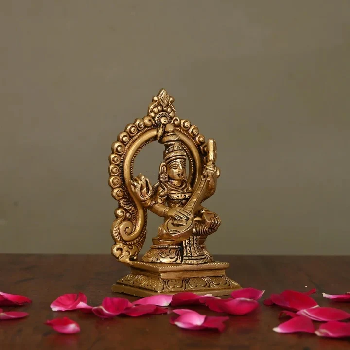 Brass Superfine Sitting Saraswati On Throne Idol (5.8 Inch) - Image 3
