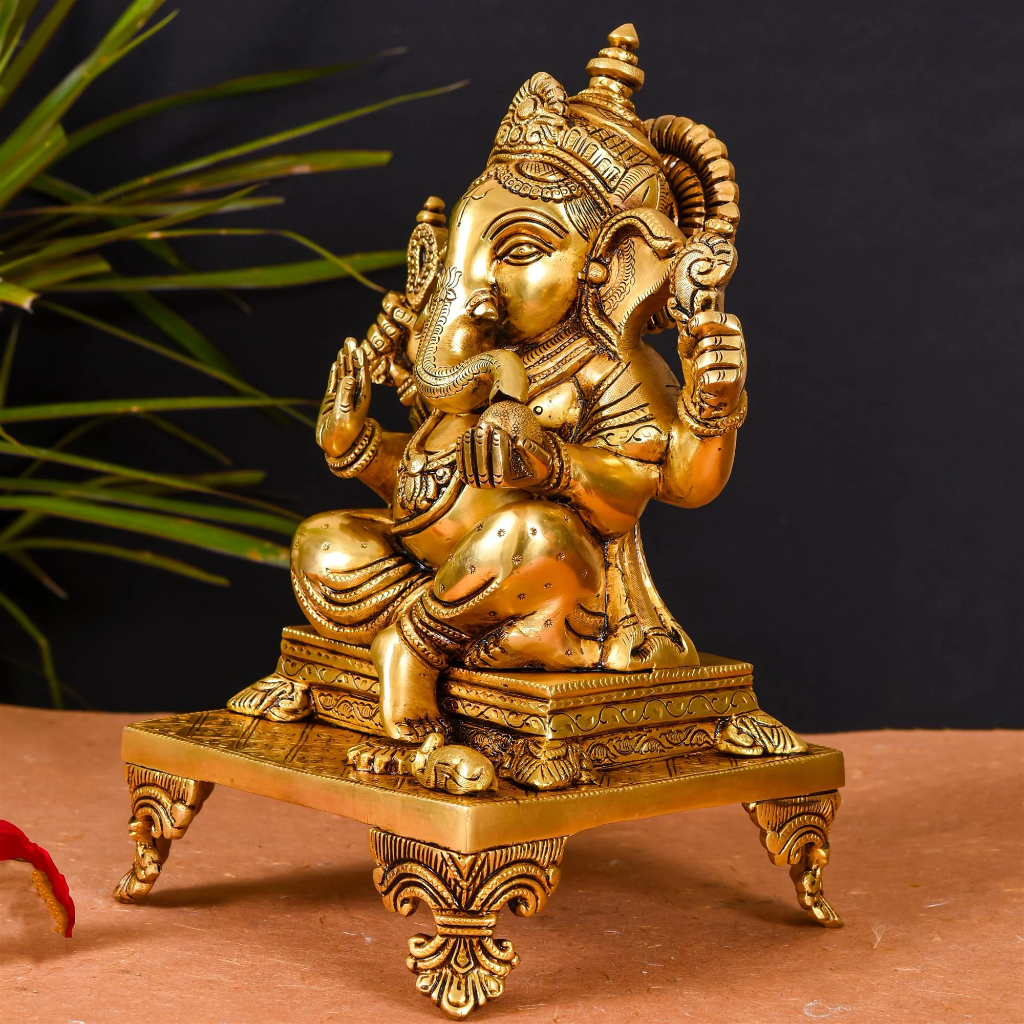 Brass Superfine Singhasan Sitting Ganesha Idol (11.5 Inch) - Image 2