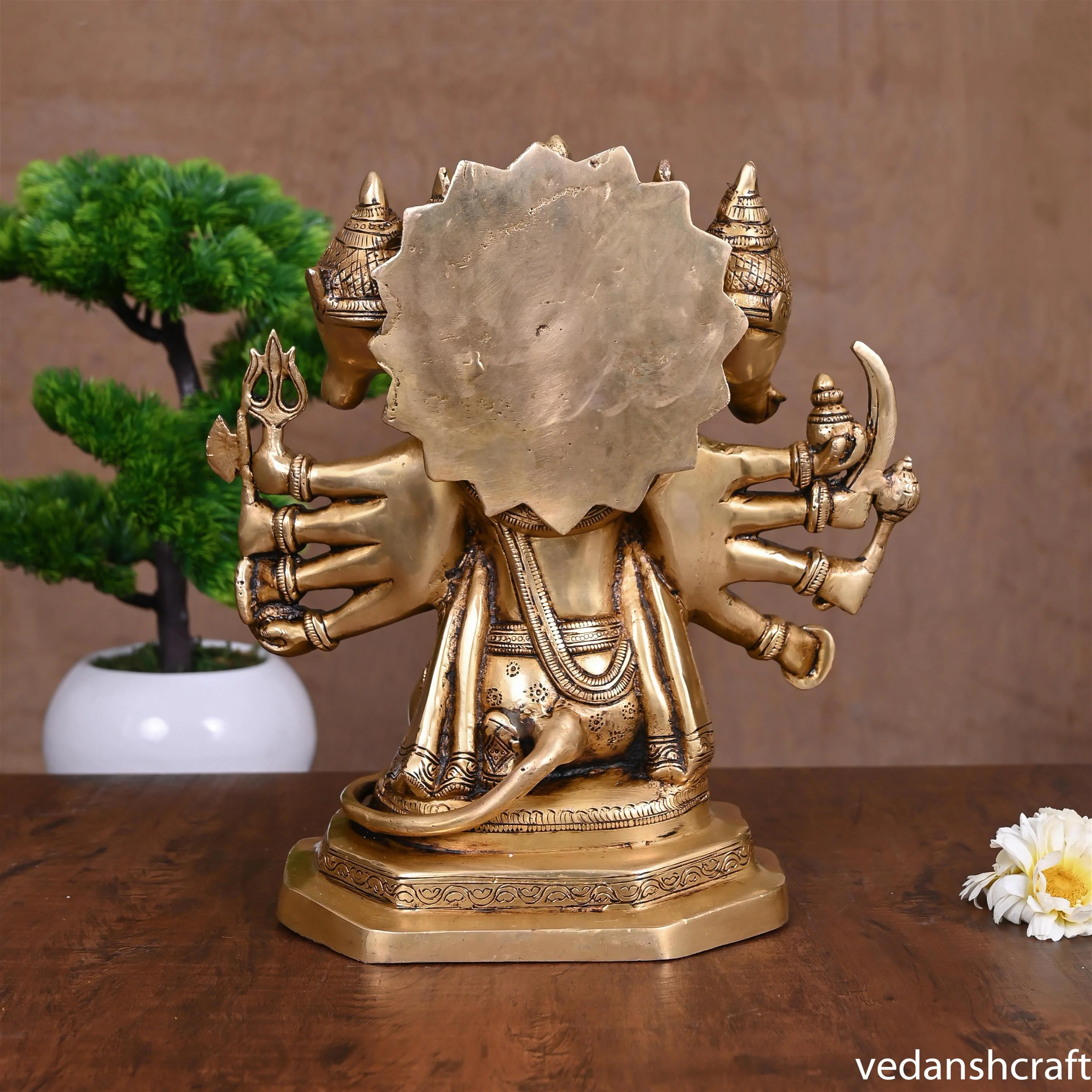 Brass Superfine Sitting Panchmukhi Hanuman Idol (11 Inch) - Image 3