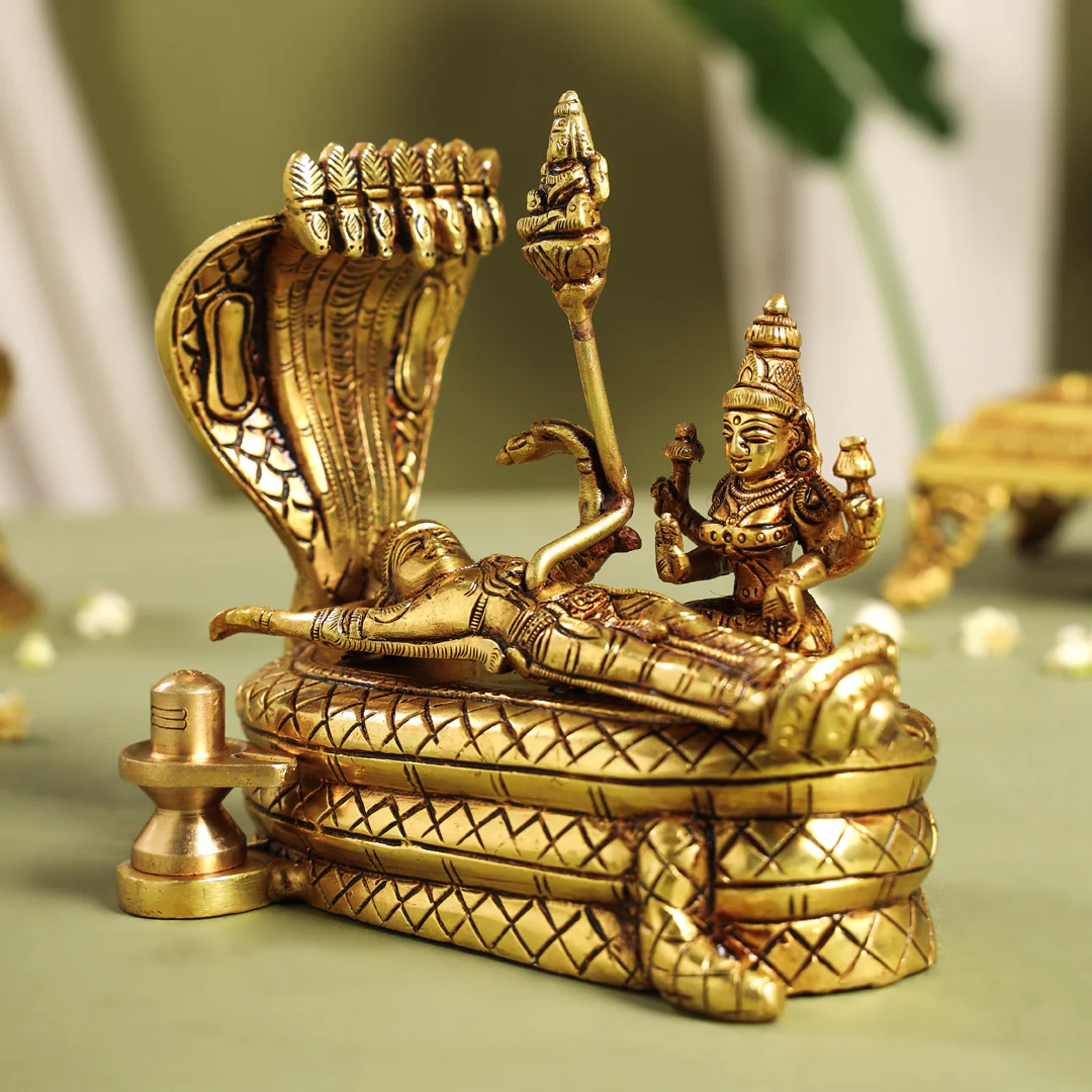 Brass Superfine Vishnu With Lakshmi On Sheshnaag Statue (5.2 Inch) - Image 4