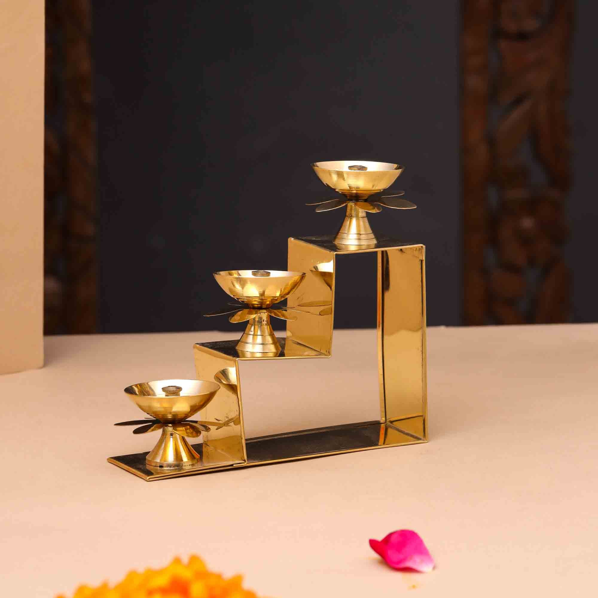 Brass Three Step Decorative Akhand Diya(5 Inch) - Image 3