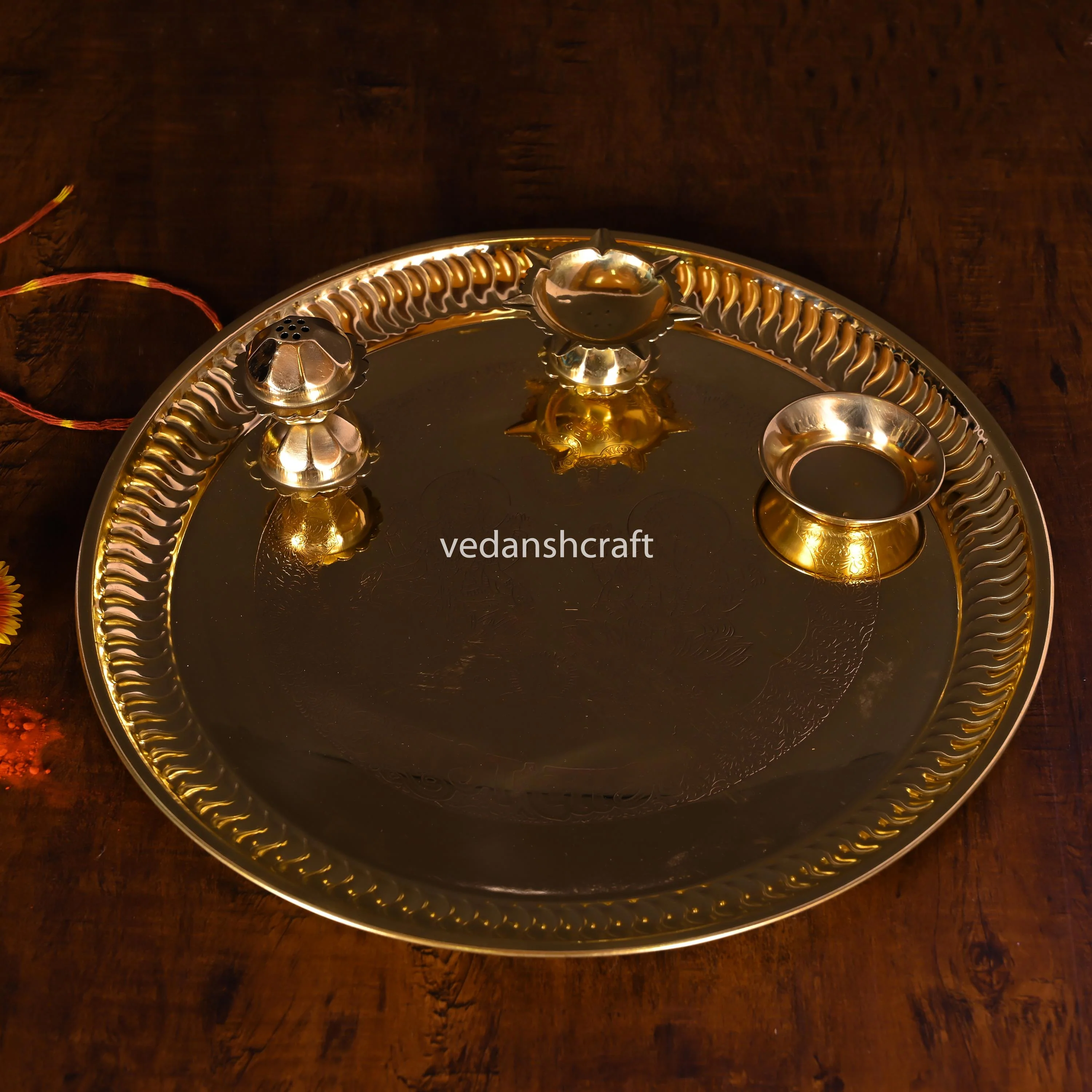 Brass Traditional Pooja Thali (9.5 Inch) - Image 3