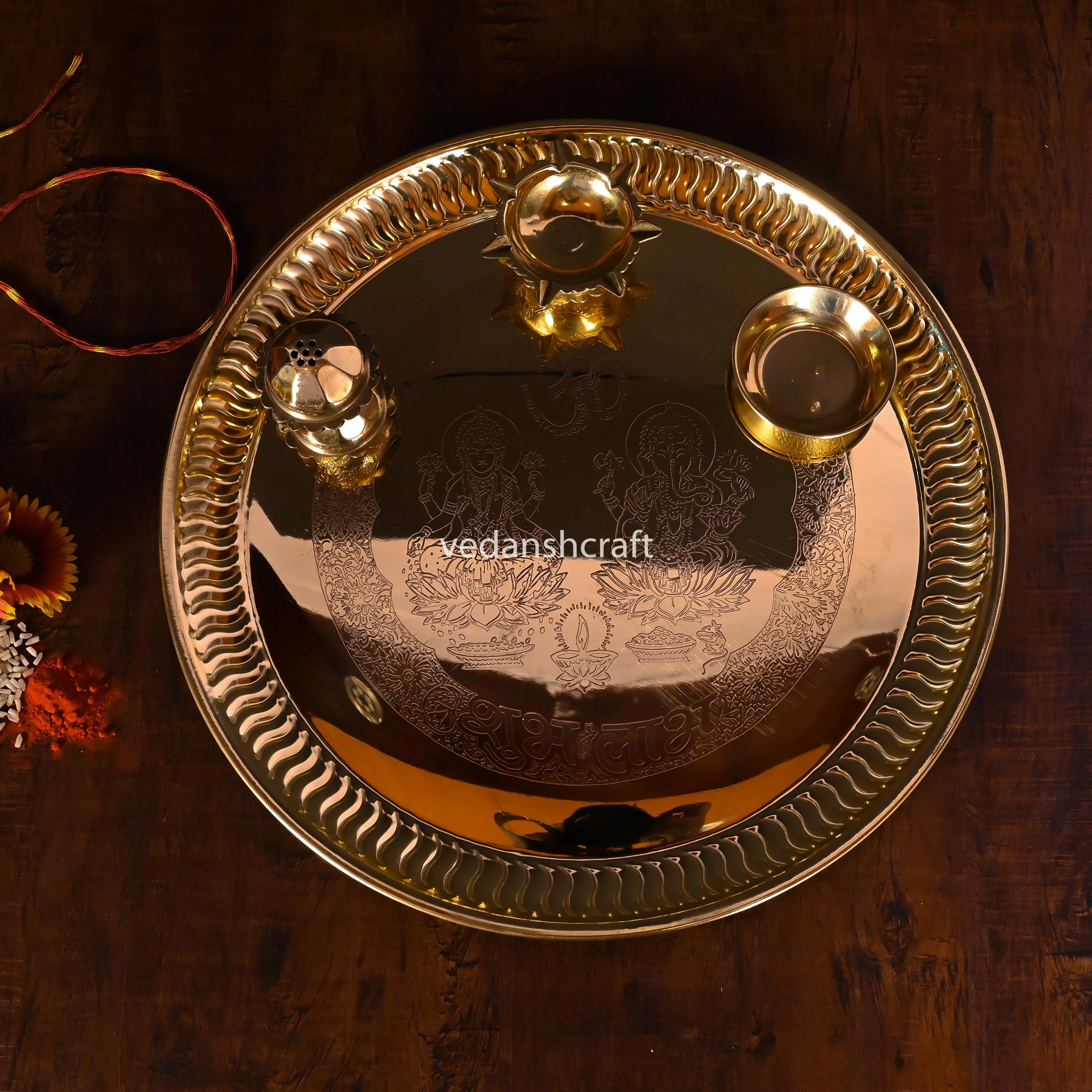 Brass Traditional Pooja Thali (9.5 Inch) - Image 4