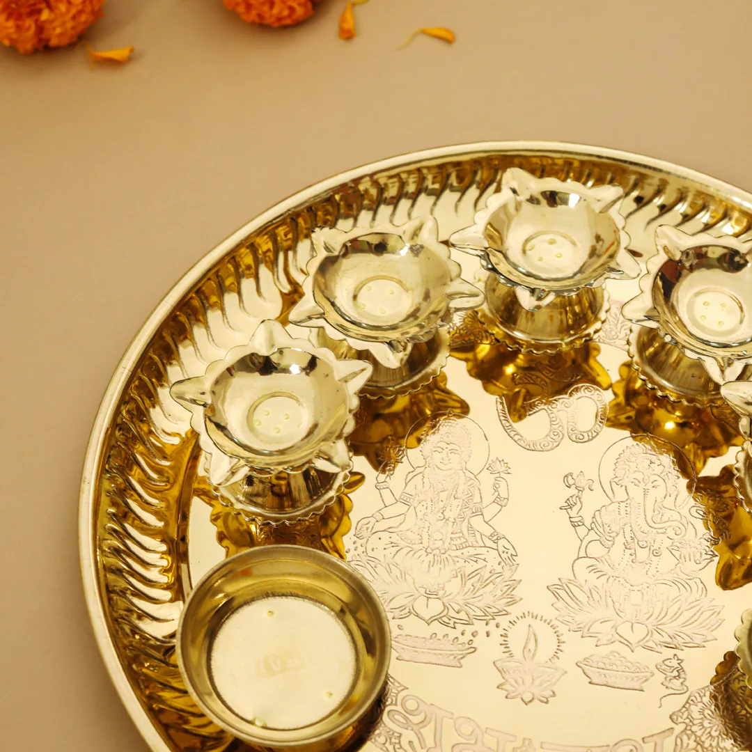 Brass Traditional Seven Deepak Pooja Thali (11 Inch) - Image 2