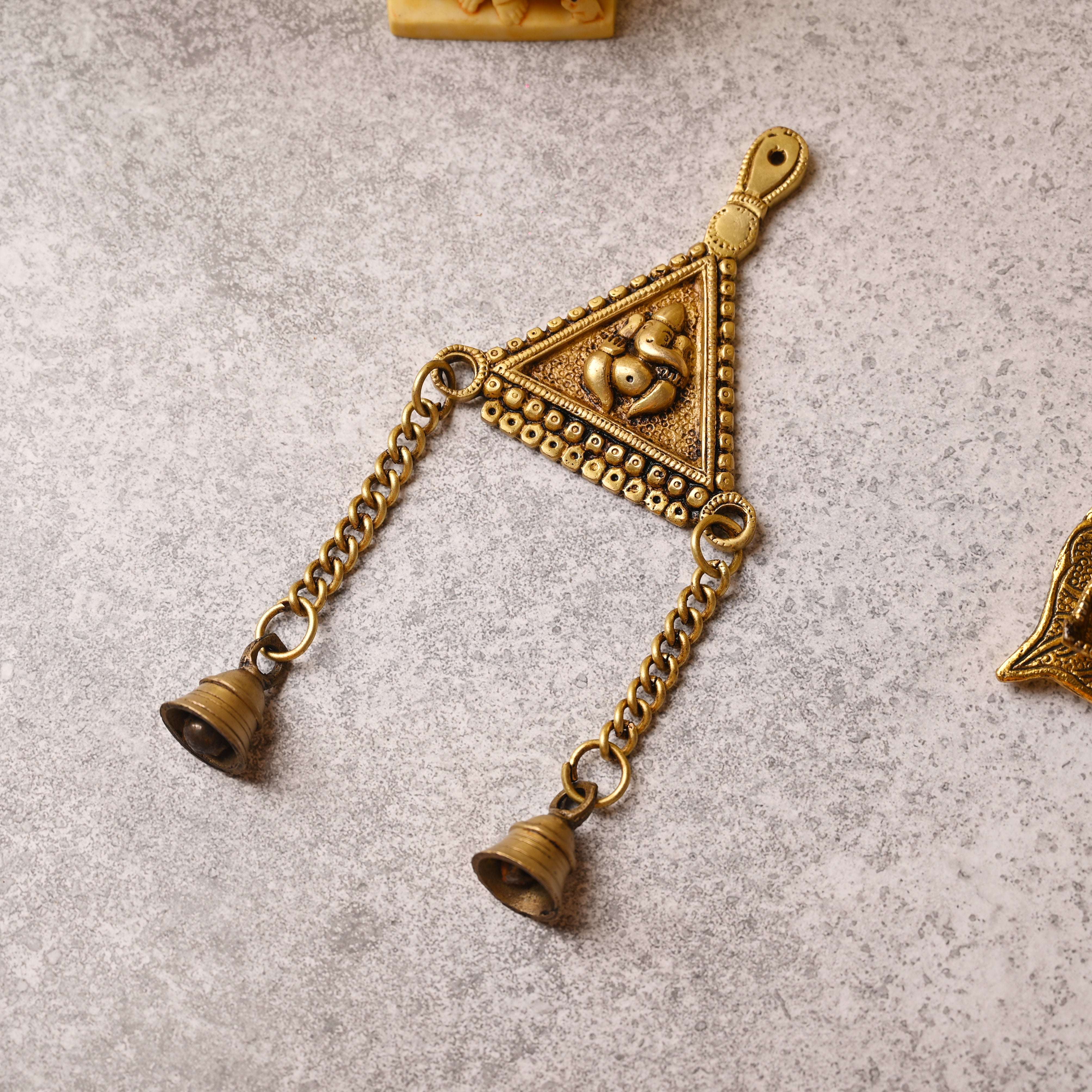 Brass Triangle Ganesha Wall Hanging with Bell (10 Inch) - Image 2