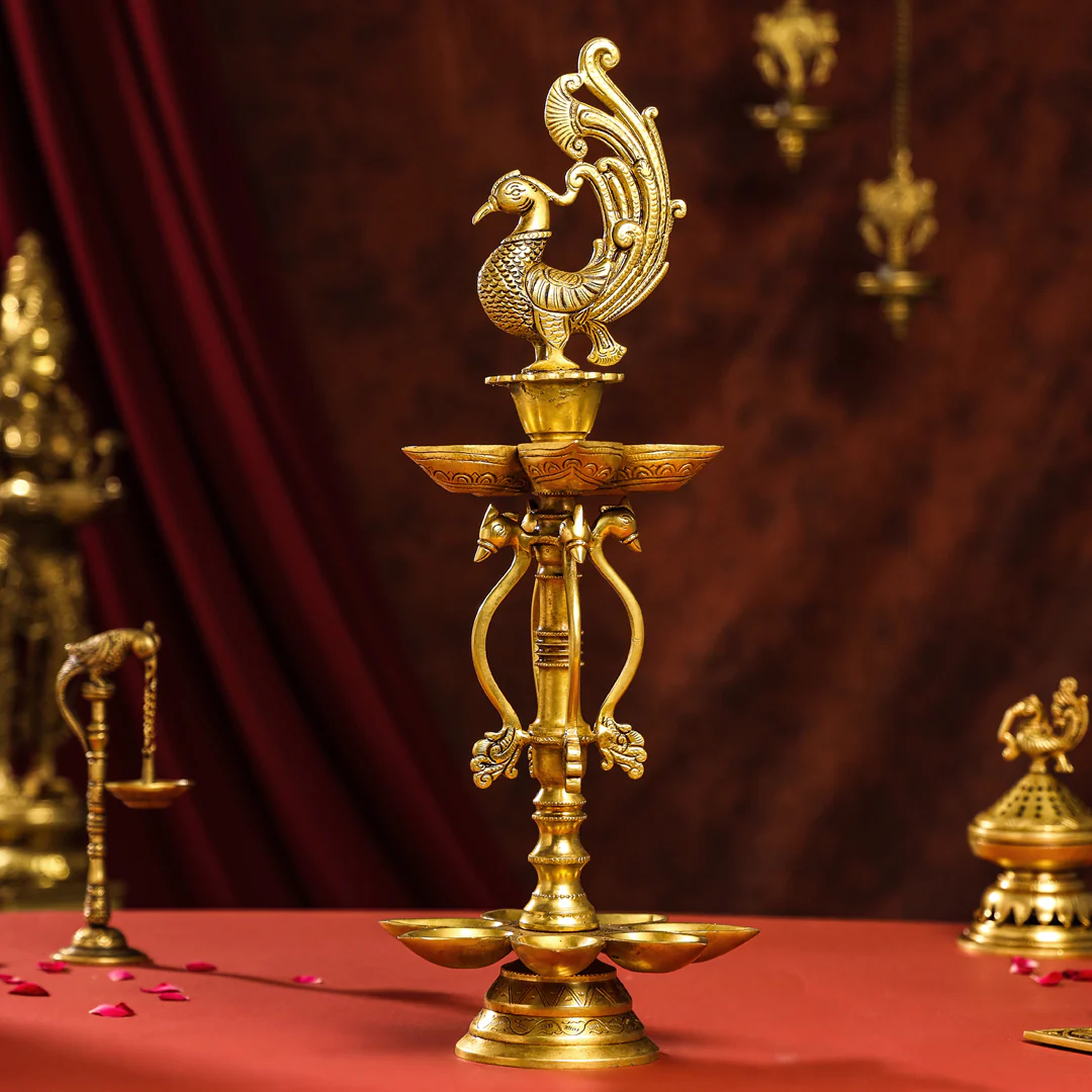 Brass Twelve Petal Peacock Long Lamp (20 Inch) - Image 3