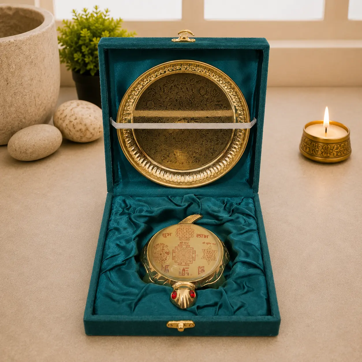 Brass Vastu Glass Shree Yantra Tortoise And Plate With Velvet Box (6 Inch) - Image 2