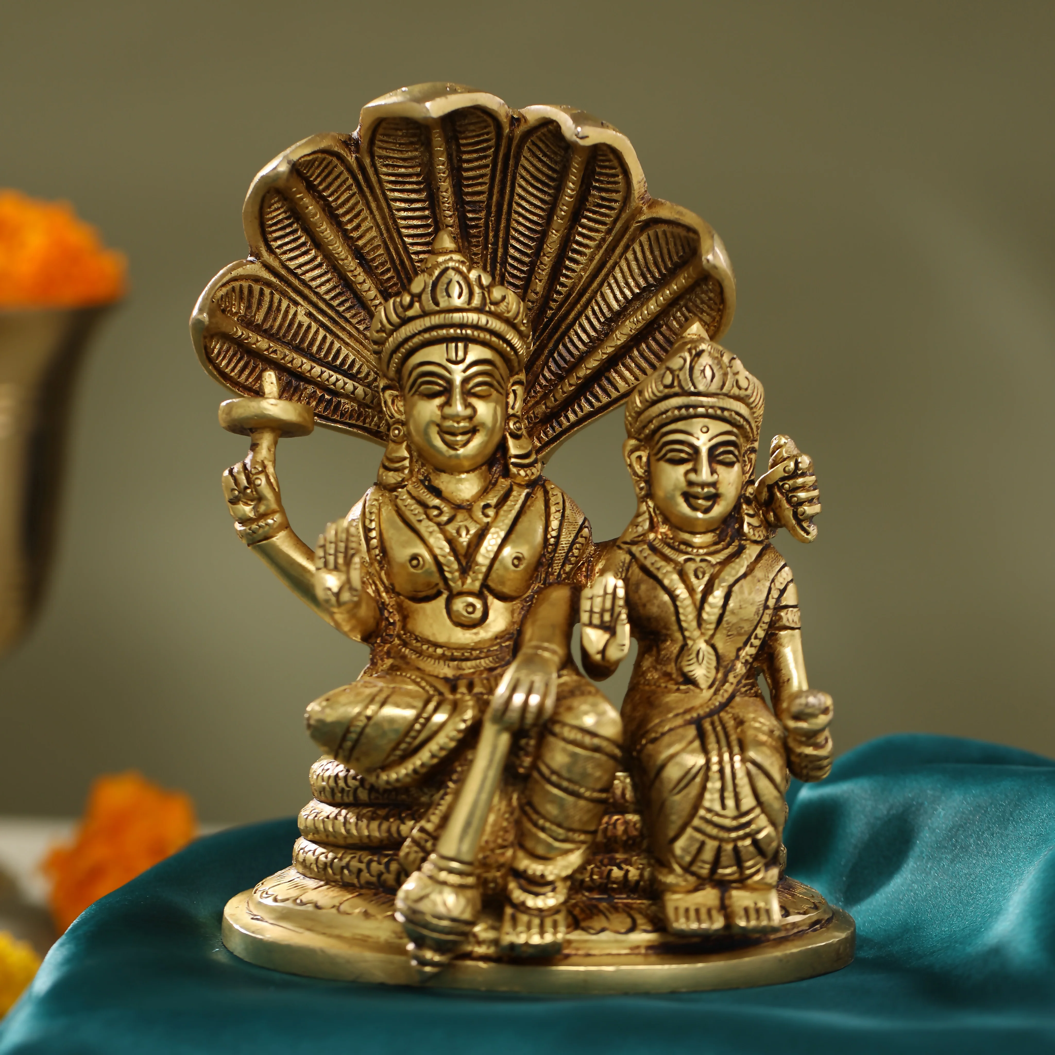 Brass Sitting Vishnu Lakshmi On Sheshnag Idol (6.5 Inch) - Image 2