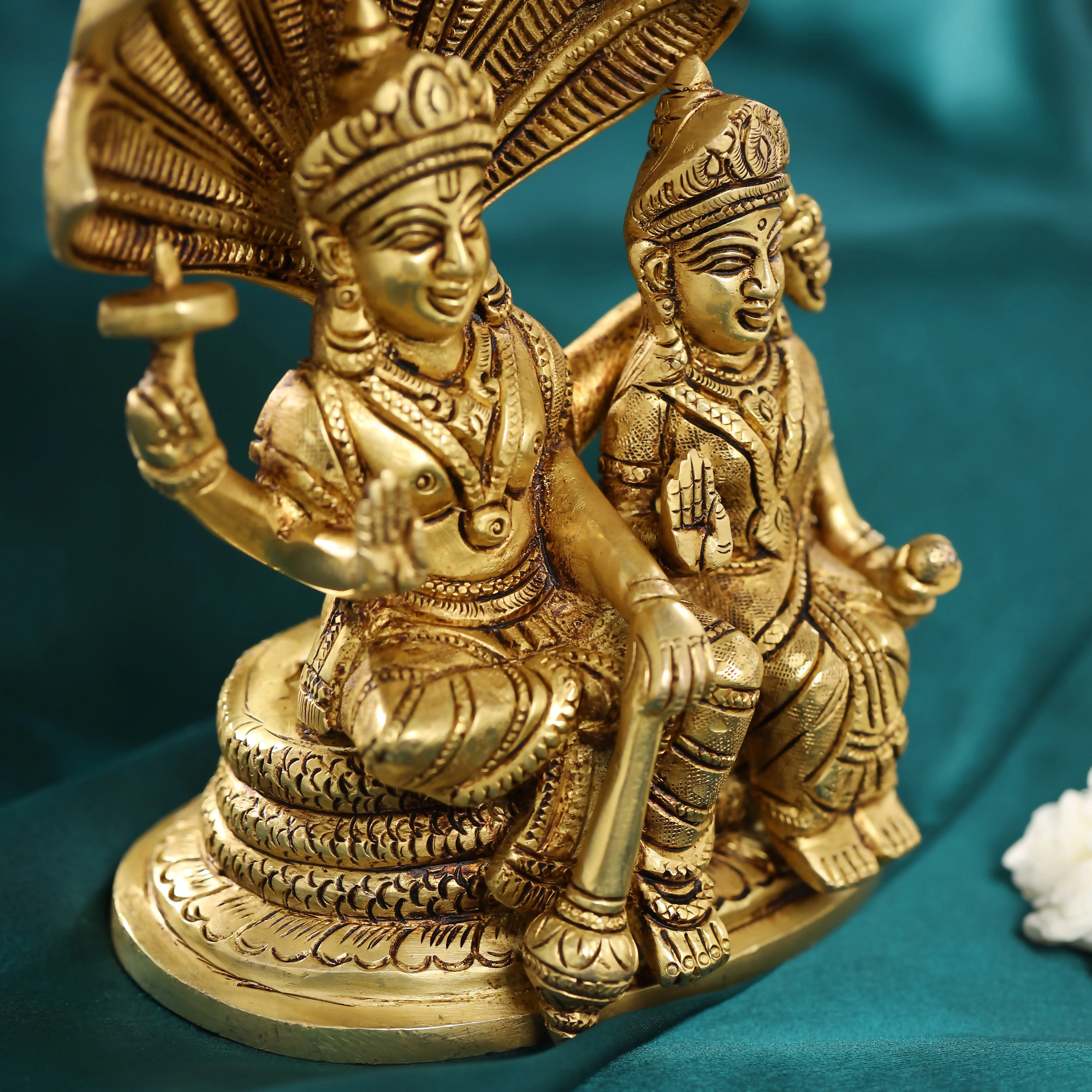 Brass Sitting Vishnu Lakshmi On Sheshnag Idol (6.5 Inch) - Image 3