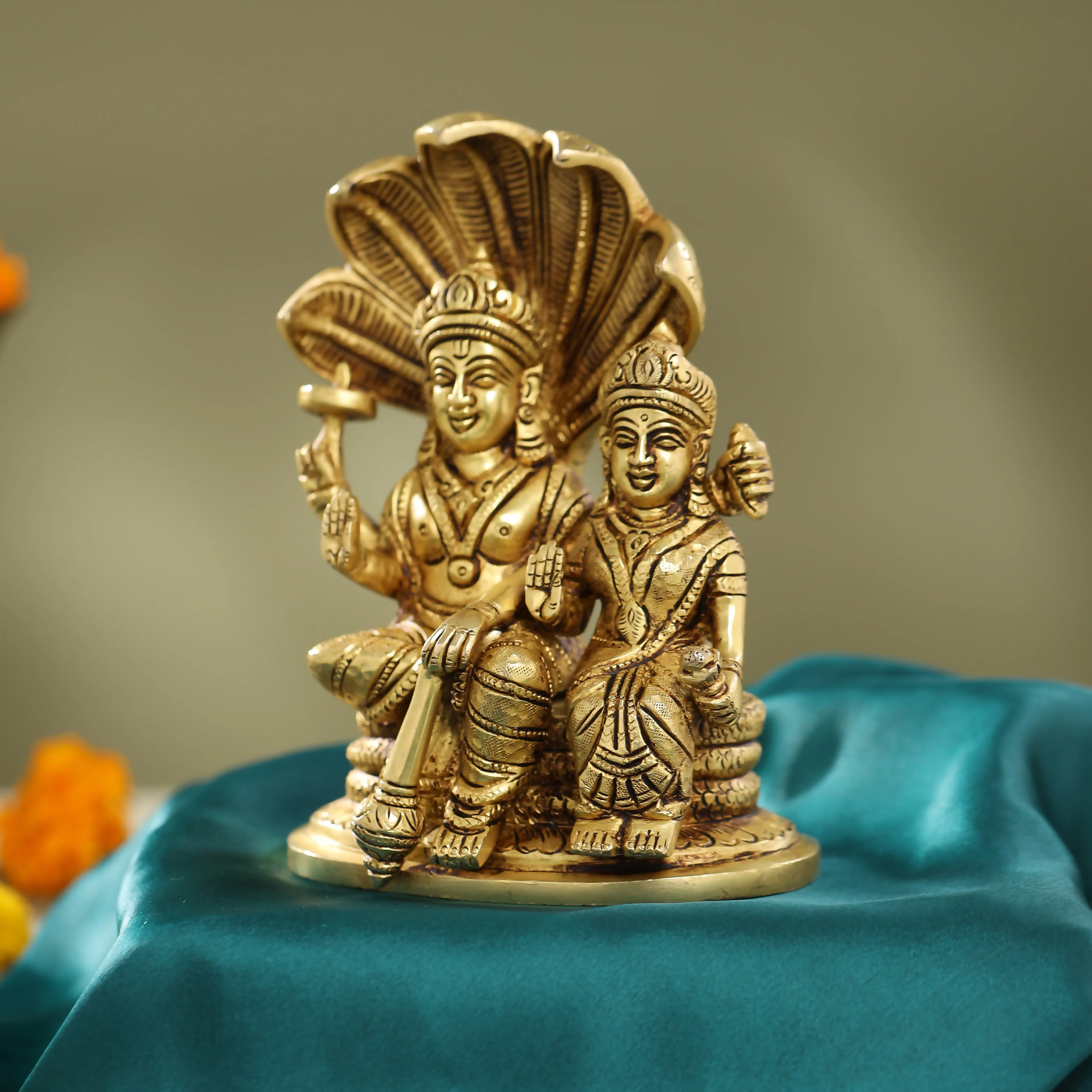 Brass Sitting Vishnu Lakshmi On Sheshnag Idol (6.5 Inch) - Image 4