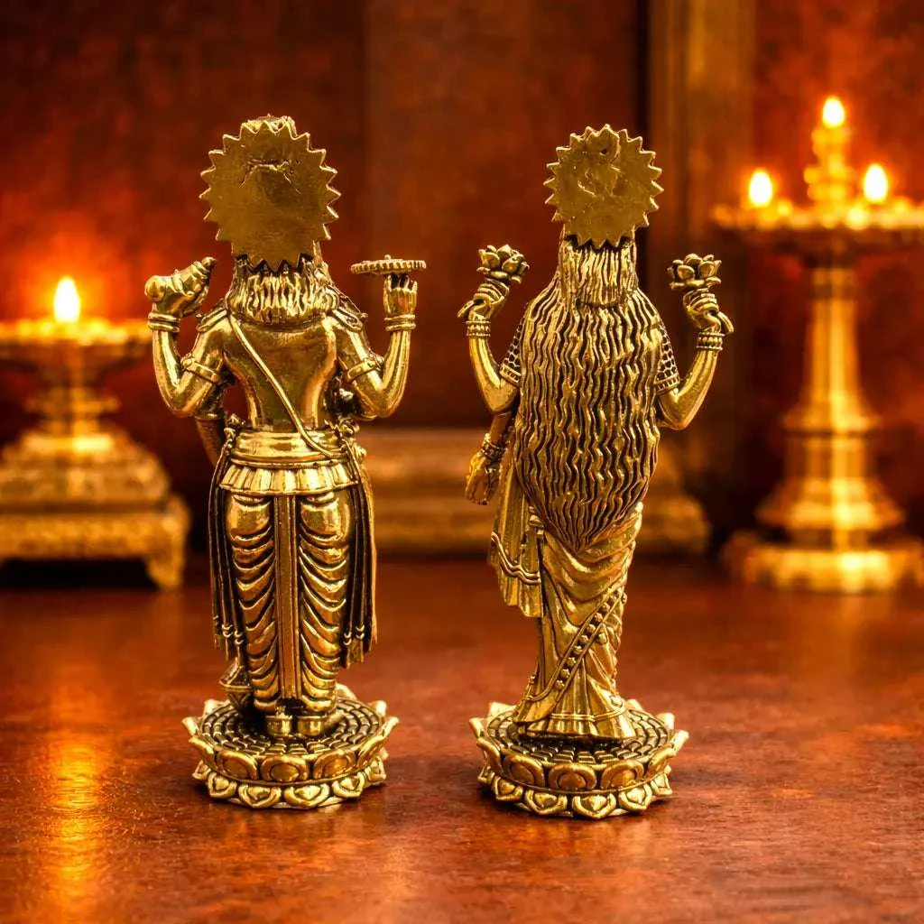 Brass Vishnu Lakshmi Standing Lightweight Idol Set (6 Inch) - Image 2