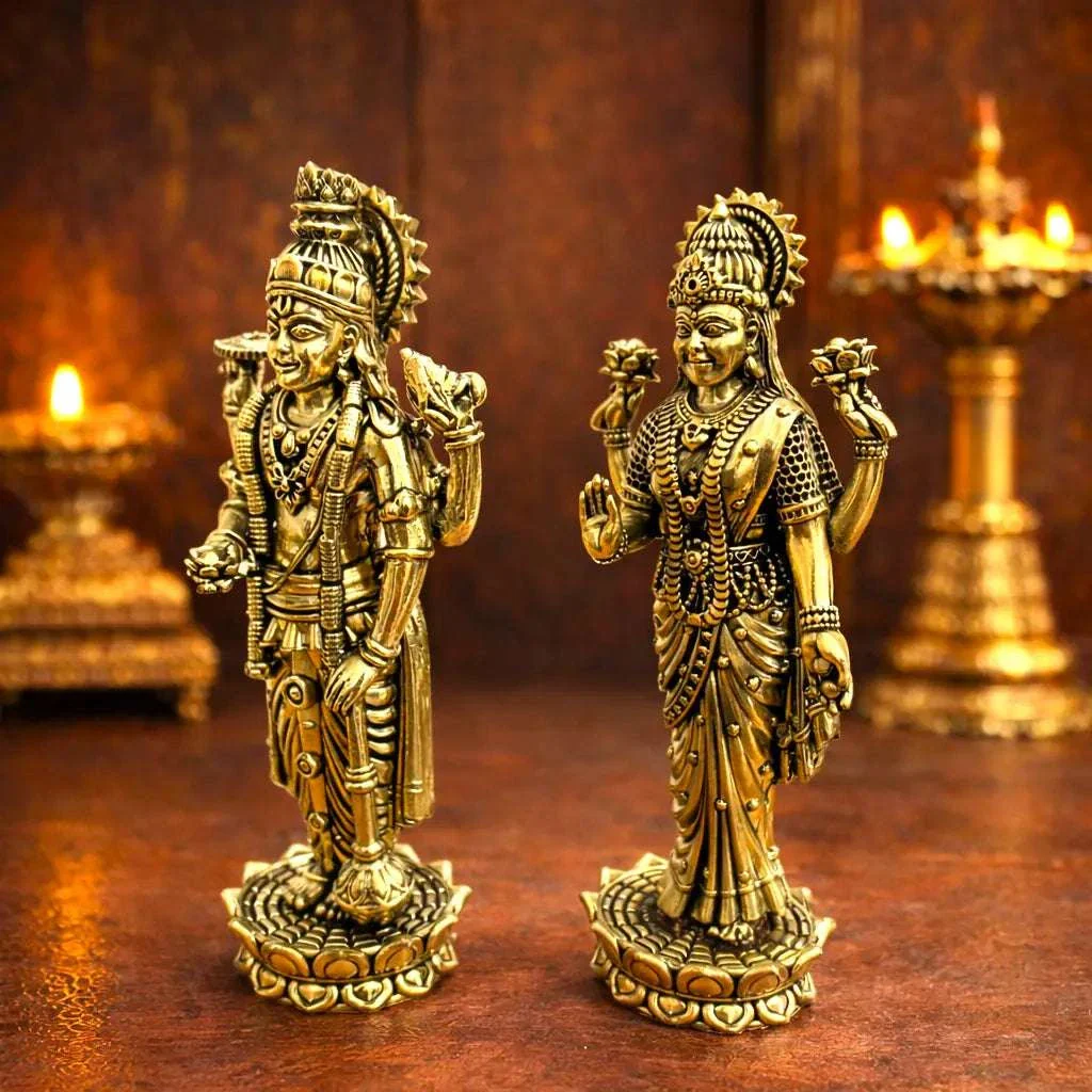 Brass Vishnu Lakshmi Standing Lightweight Idol Set (6 Inch) - Image 3