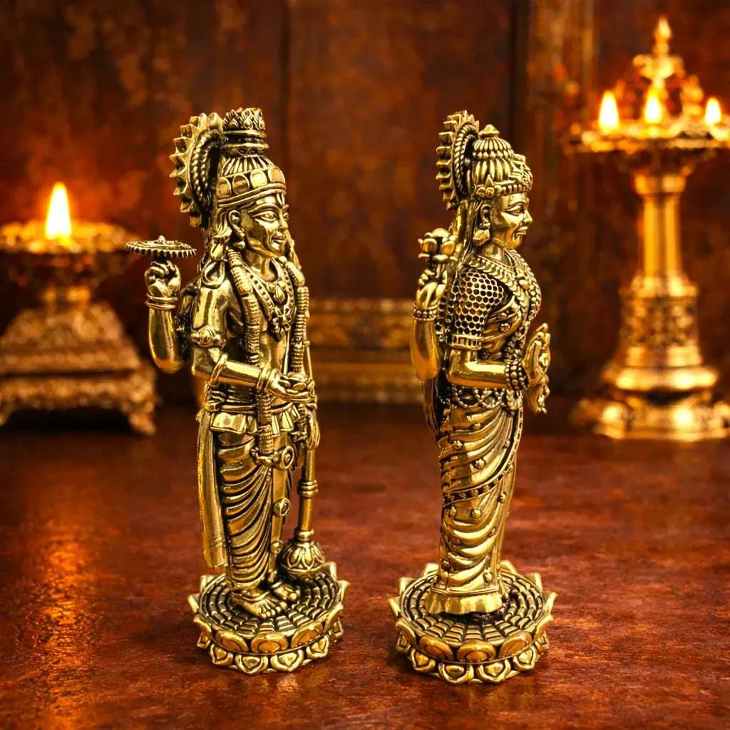Brass Vishnu Lakshmi Standing Lightweight Idol Set (6 Inch) - Image 4