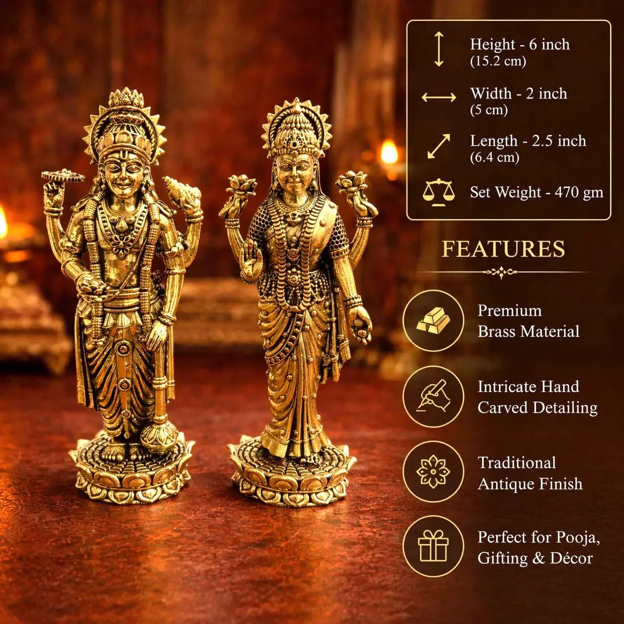 Brass Vishnu Lakshmi Standing Lightweight Idol Set (6 Inch) - Image 5