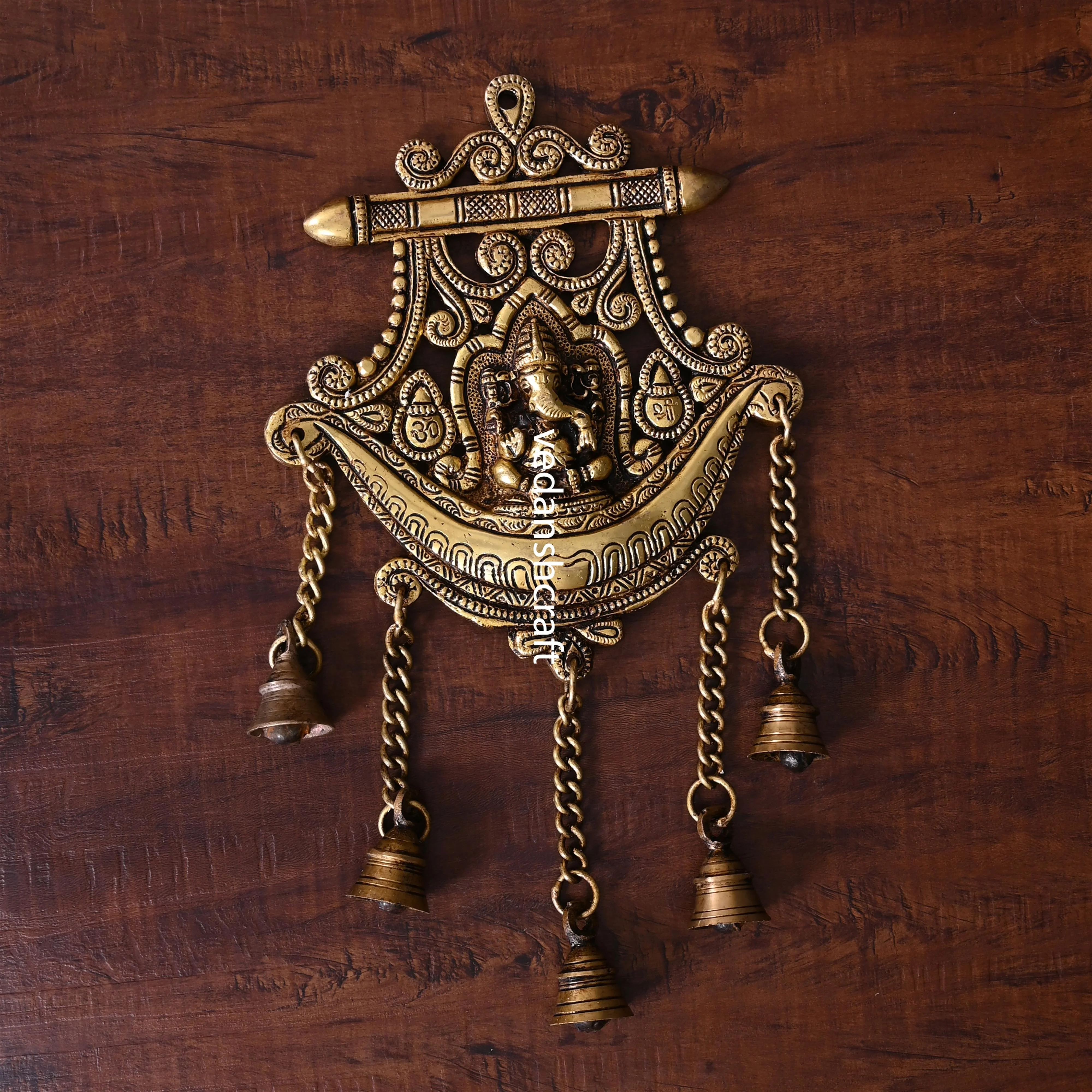 Brass Wall Hanging Ganesha In Frame With Five Bells (13 Inch) - Image 2