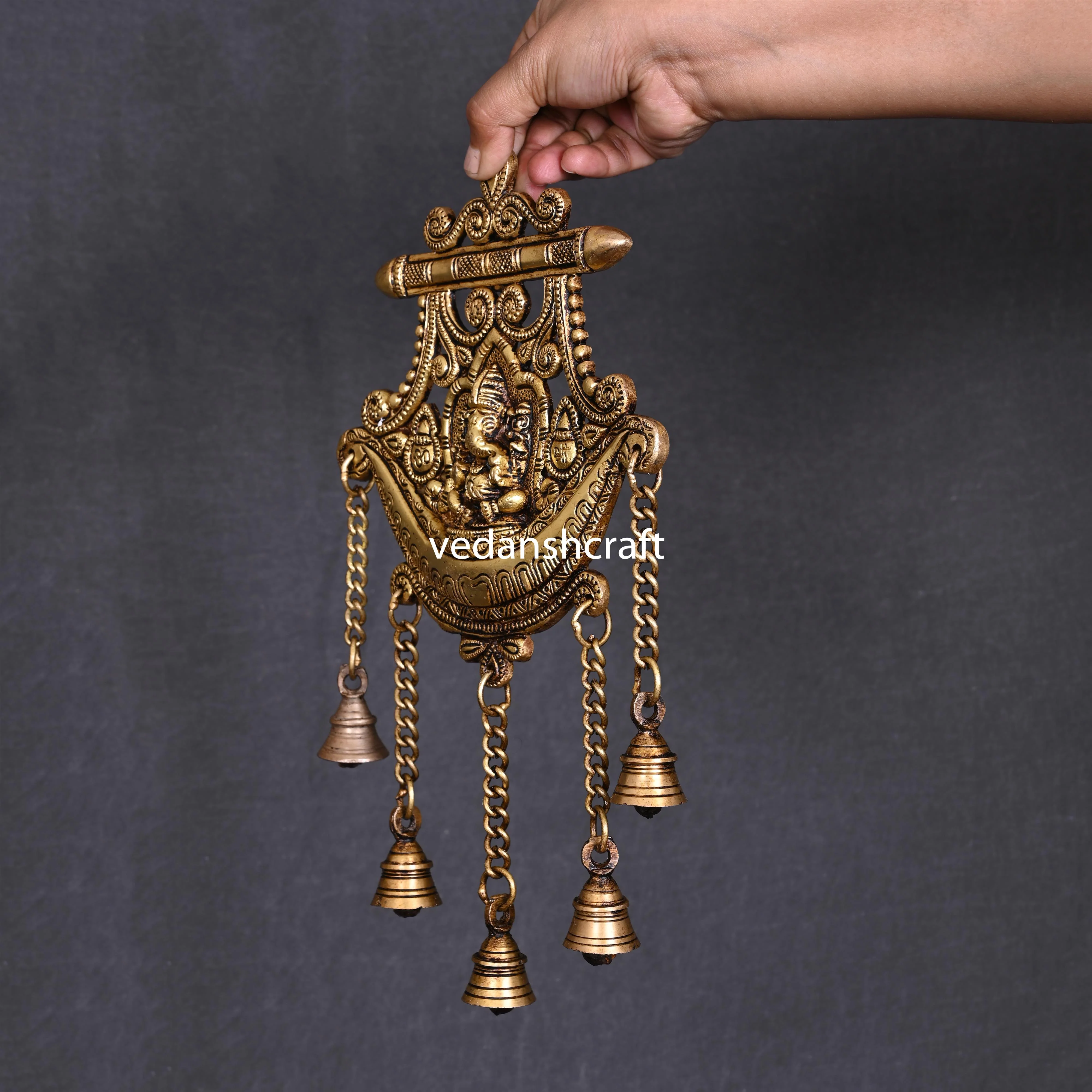 Brass Wall Hanging Ganesha In Frame With Five Bells (13 Inch) - Image 3