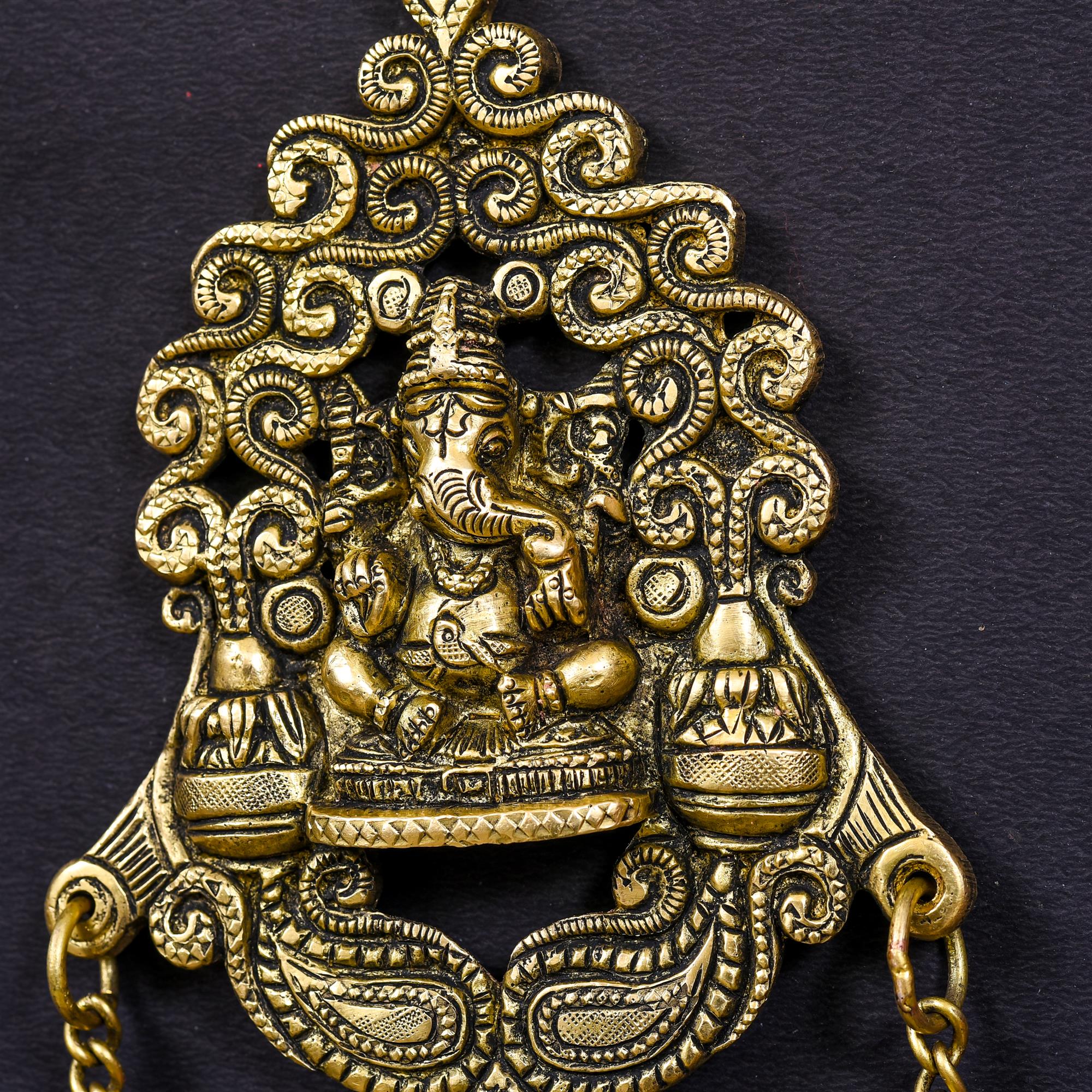 Brass Wall Hanging Ganesha In Frame With Three Bells (11 Inch) - Image 3